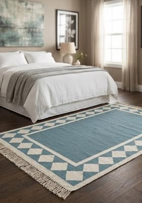 Saffron Rugs Flat Woven Steel Blue Geometric Coastal Rectangular Wool Area Rug