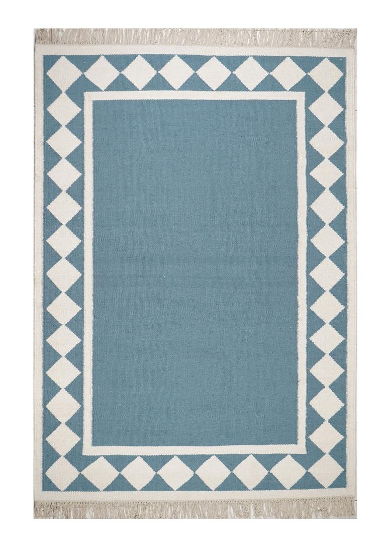 Saffron Rugs Flat Woven Steel Blue Geometric Coastal Rectangular Wool Area Rug - Indya