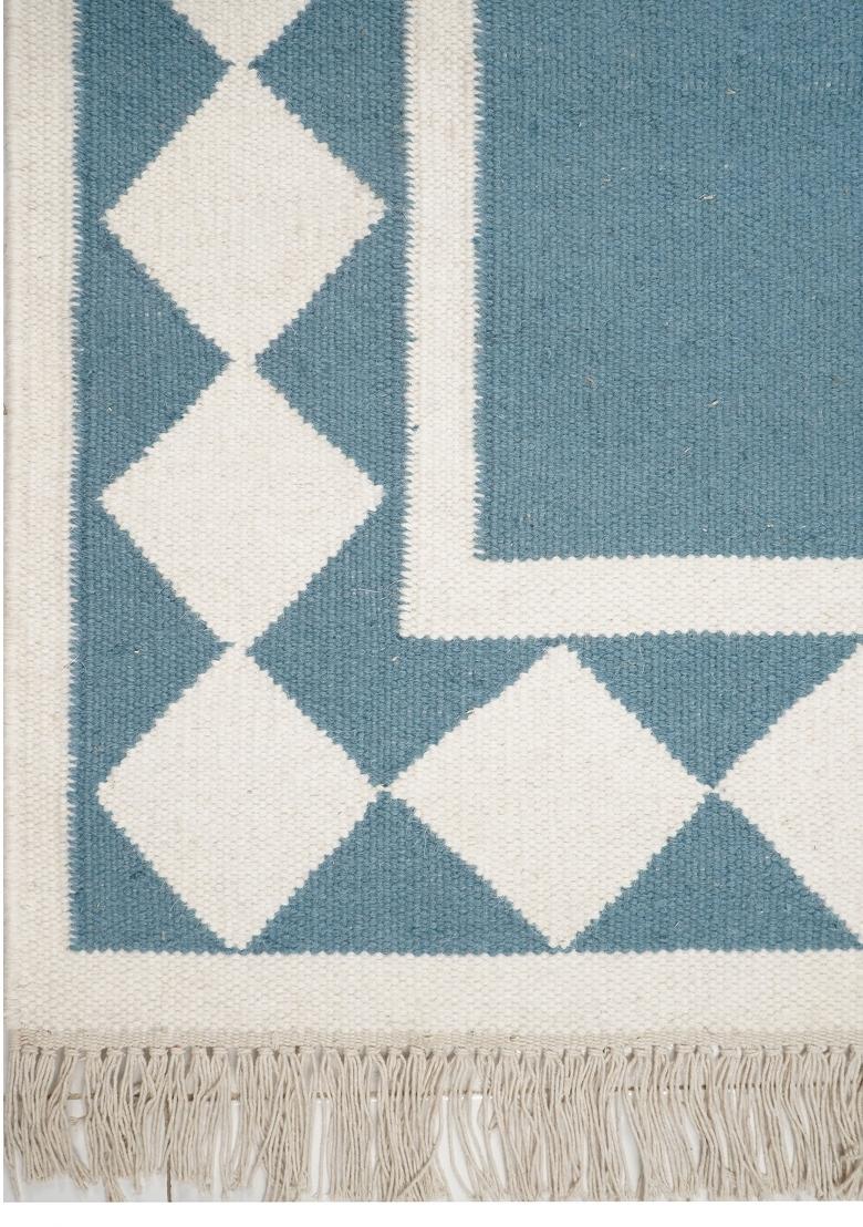 Saffron Rugs Flat Woven Steel Blue Geometric Coastal Rectangular Wool Area Rug - Indya
