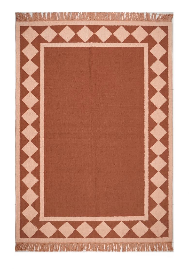 Saffron Rugs Flat Woven Terracotta Geometric Coastal Rectangular Wool Area Rug - Indya