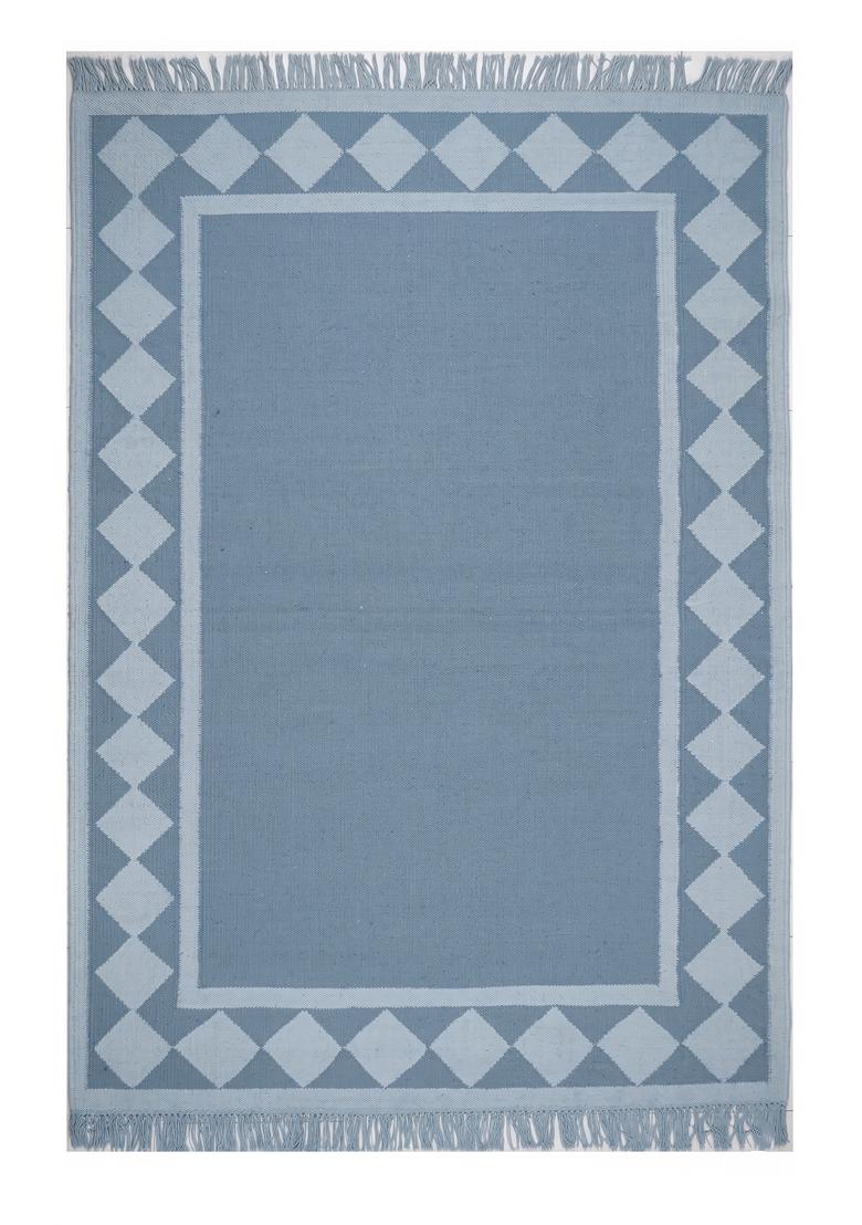 Saffron Rugs Flat Woven Slate Blue Geometric Coastal Rectangular Wool Area Rug - Indya