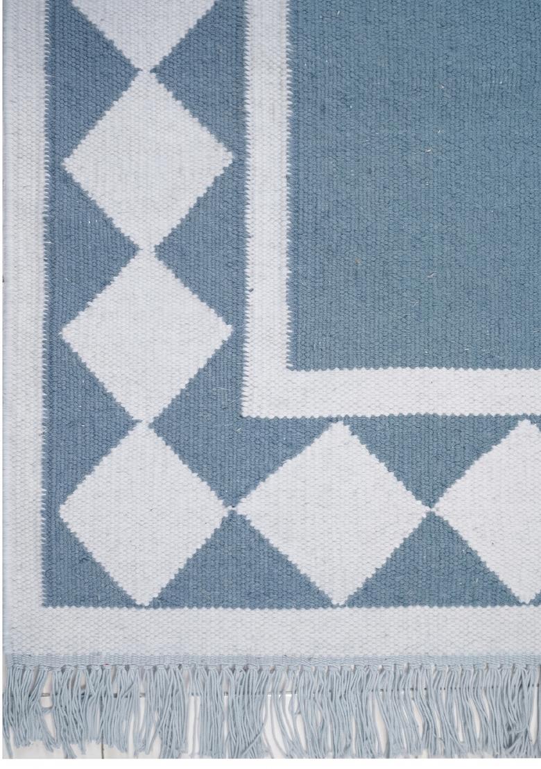 Saffron Rugs Flat Woven Slate Blue Geometric Coastal Rectangular Wool Area Rug - Indya