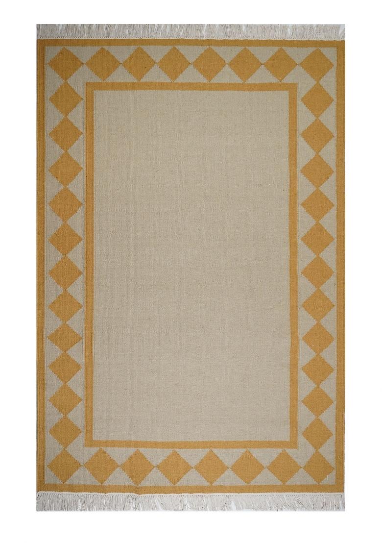 Saffron Rugs Flat Woven Cream and Gold Geometric Scandinavian Rectangular Wool Area Rug - Indya