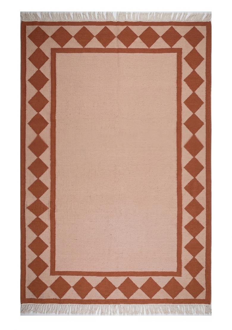 Saffron Rugs Flat Woven Terracotta Geometric Scandinavian Rectangular Wool Area Rug - Indya