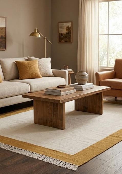 Saffron Rugs Flat Woven Ivory and Gold Solid Contemporary Rectangular Wool Area Rug