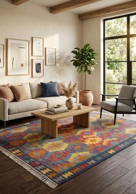 Saffron Rugs Flat Woven Multicolor Geometric Bohemian Rectangular Wool Area Rug