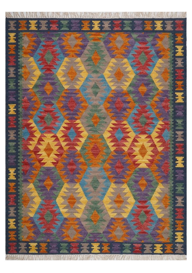 Saffron Rugs Flat Woven Multicolor Geometric Bohemian Rectangular Wool Area Rug - Indya