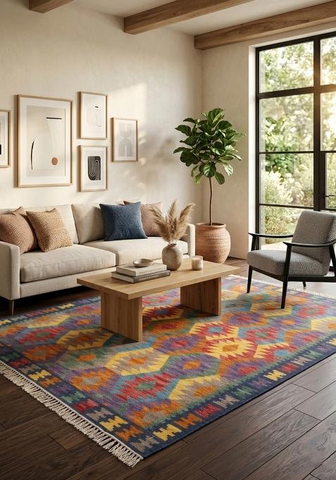 Saffron Rugs Flat Woven Multicolor Geometric Bohemian Rectangular Wool Area Rug