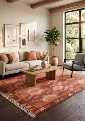 Saffron Rugs Flat Woven Terracotta Orange Geometric Bohemian Rectangular Wool Area Rug