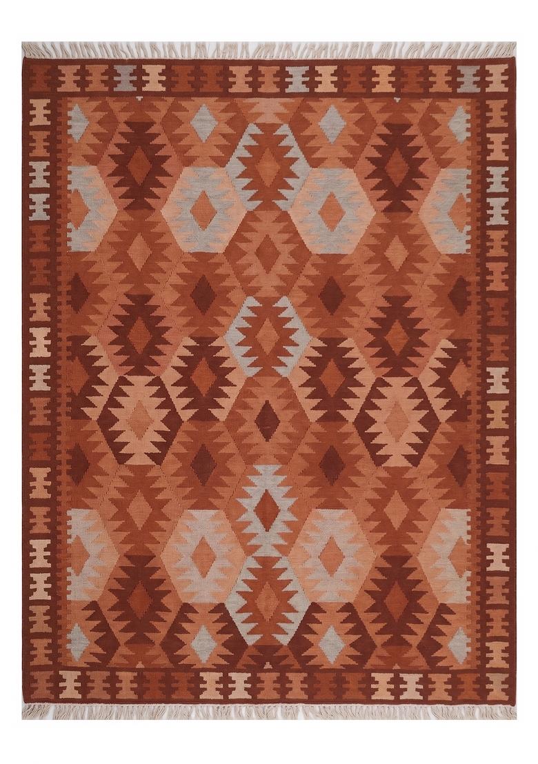 Saffron Rugs Flat Woven Terracotta Orange Geometric Bohemian Rectangular Wool Area Rug - Indya