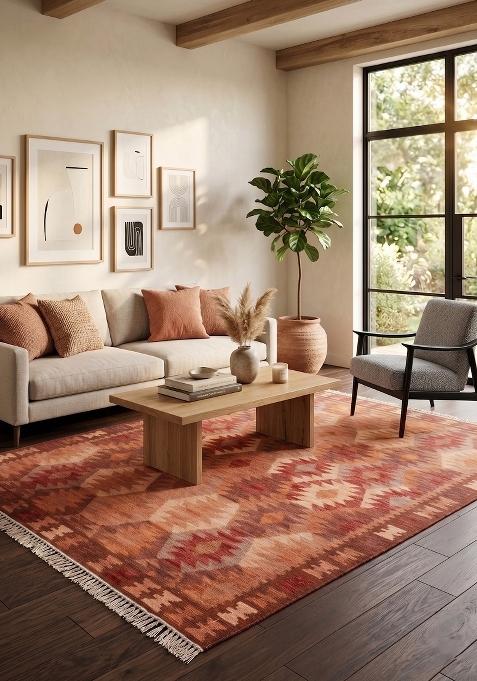 Saffron Rugs Flat Woven Terracotta Orange Geometric Bohemian Rectangular Wool Area Rug