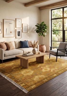 Saffron Rugs Flat Woven Mustard Yellow Geometric Bohemian Rectangular Wool Area Rug