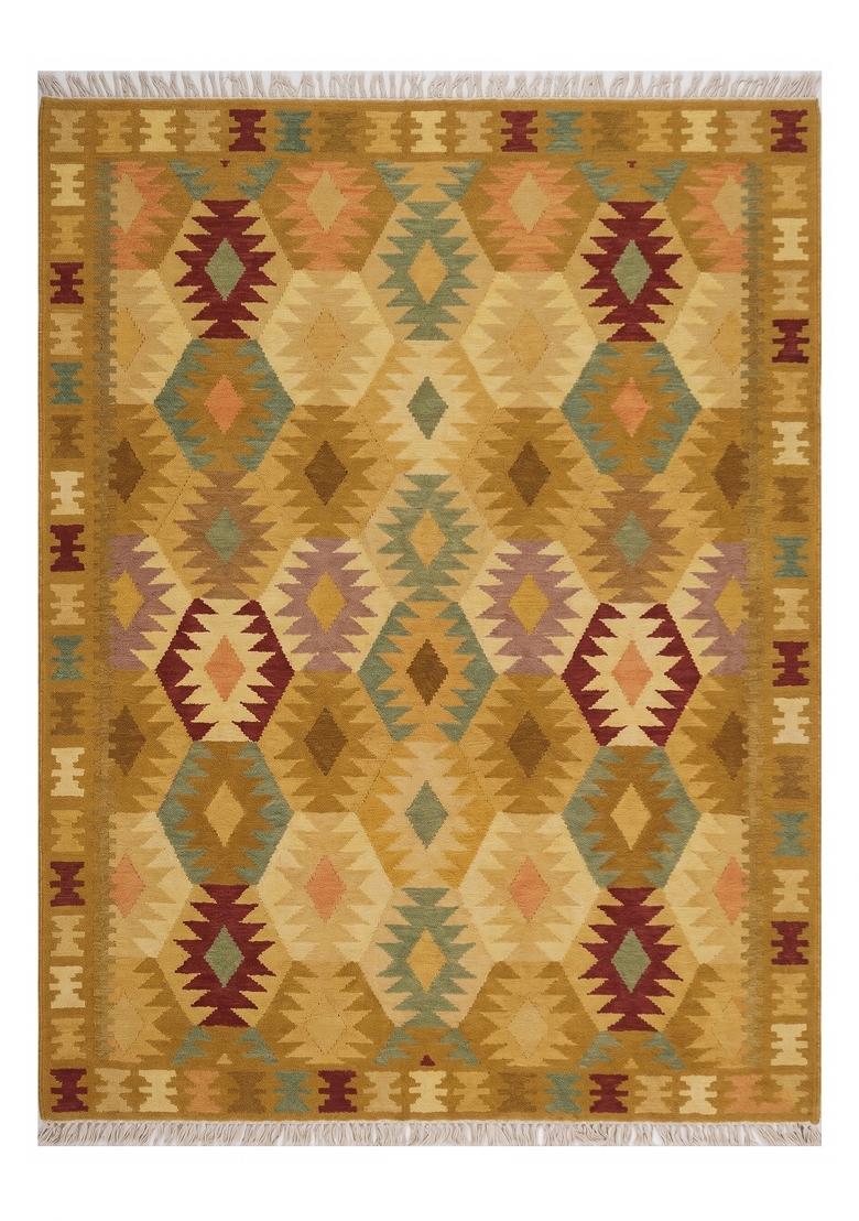 Saffron Rugs Flat Woven Mustard Yellow Geometric Bohemian Rectangular Wool Area Rug - Indya