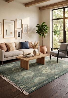 Saffron Rugs Flat Woven Sage Green Geometric Bohemian Rectangular Wool Area Rug