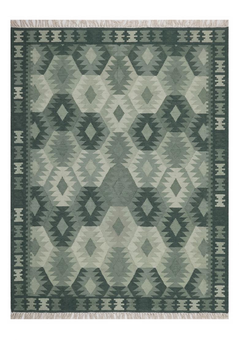 Saffron Rugs Flat Woven Sage Green Geometric Bohemian Rectangular Wool Area Rug - Indya