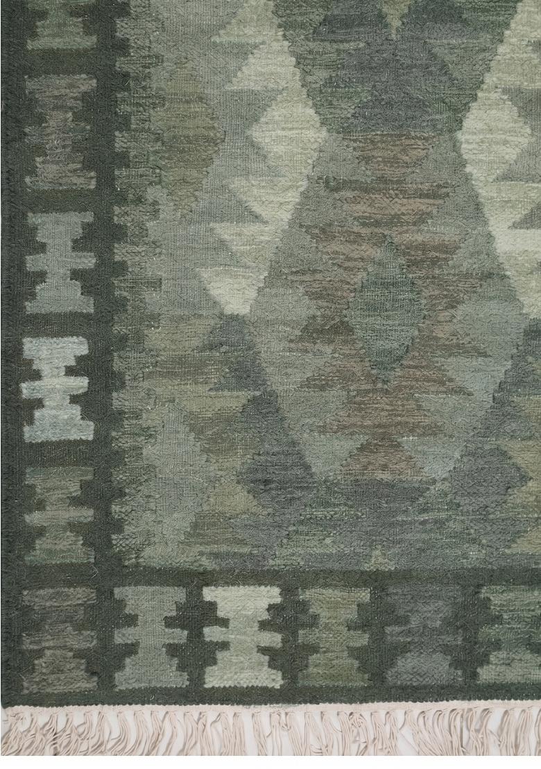 Saffron Rugs Flat Woven Sage Green Geometric Bohemian Rectangular Wool Area Rug - Indya