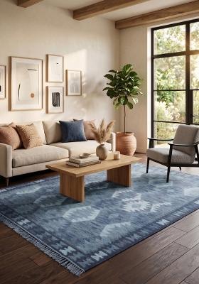 Saffron Rugs Flat Woven Steel Blue Geometric Bohemian Rectangular Wool Area Rug