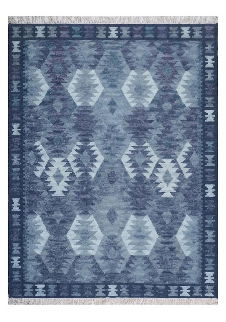 Saffron Rugs Flat Woven Steel Blue Geometric Bohemian Rectangular Wool Area Rug - Indya