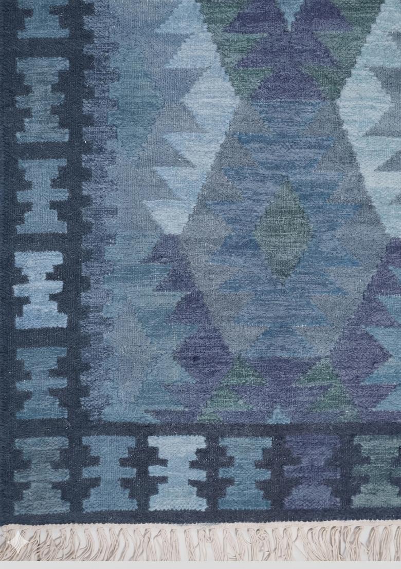 Saffron Rugs Flat Woven Steel Blue Geometric Bohemian Rectangular Wool Area Rug - Indya