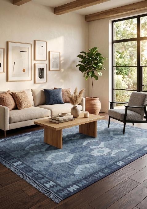 Saffron Rugs Flat Woven Steel Blue Geometric Bohemian Rectangular Wool Area Rug