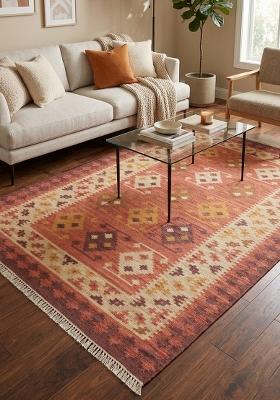 Saffron Rugs Flat Woven Rust Terracotta Geometric Bohemian Rectangular Wool Area Rug