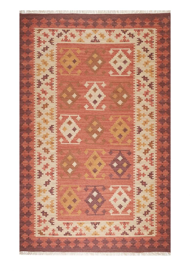 Saffron Rugs Flat Woven Rust Terracotta Geometric Bohemian Rectangular Wool Area Rug - Indya