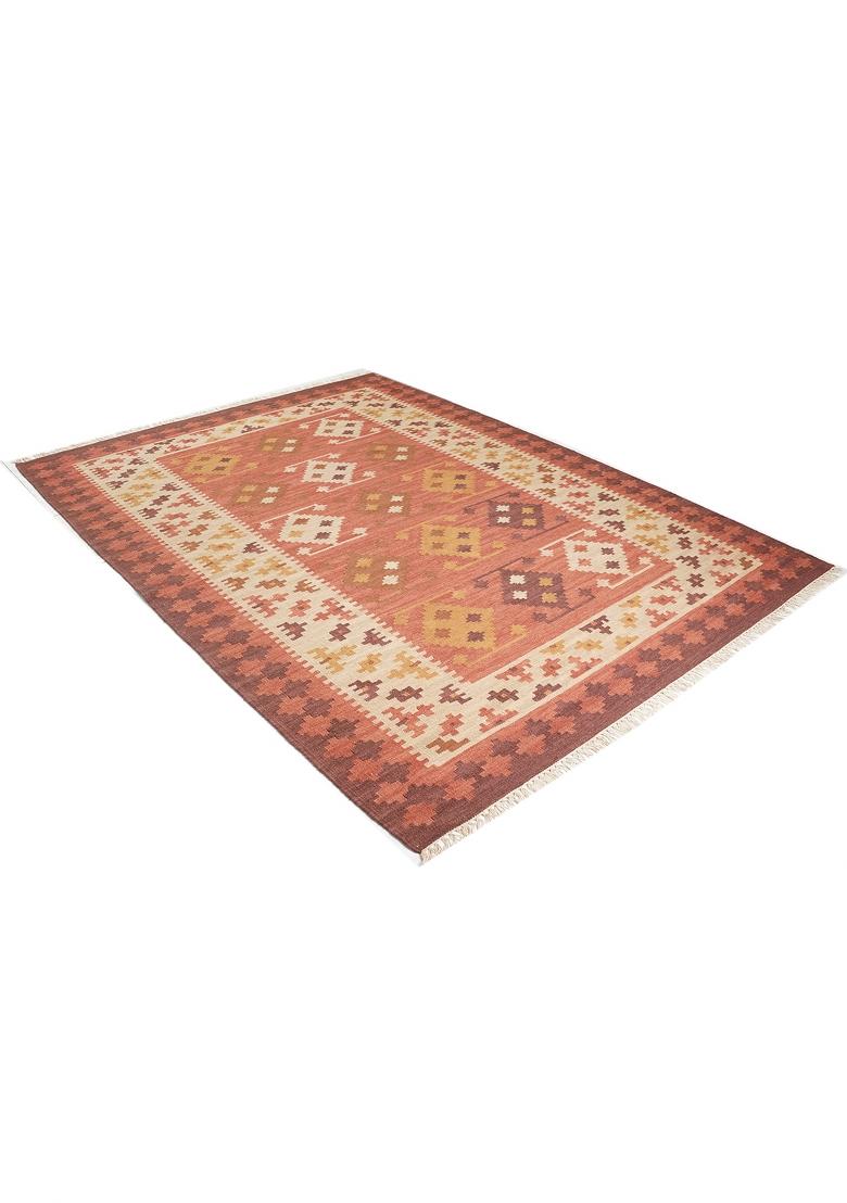 Saffron Rugs Flat Woven Rust Terracotta Geometric Bohemian Rectangular Wool Area Rug - Indya
