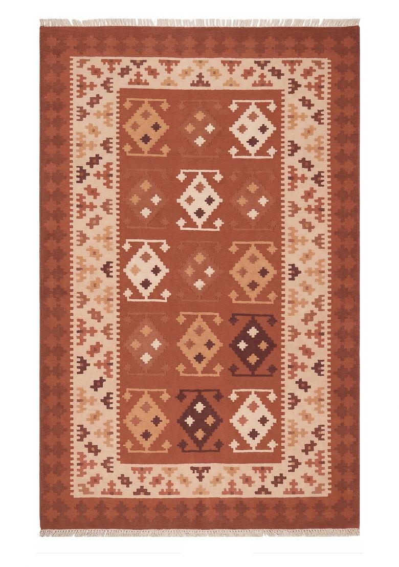 Saffron Rugs Flat Woven Terracotta Geometric Bohemian Rectangular Wool Area Rug - Indya