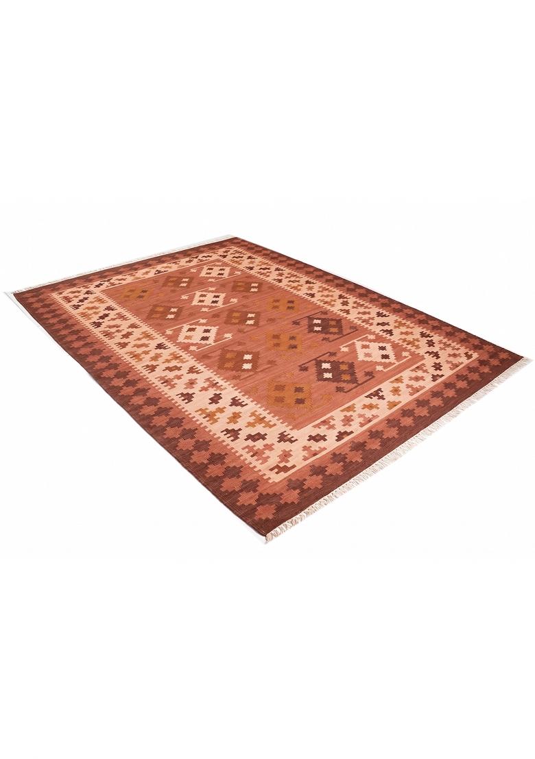 Saffron Rugs Flat Woven Terracotta Geometric Bohemian Rectangular Wool Area Rug - Indya