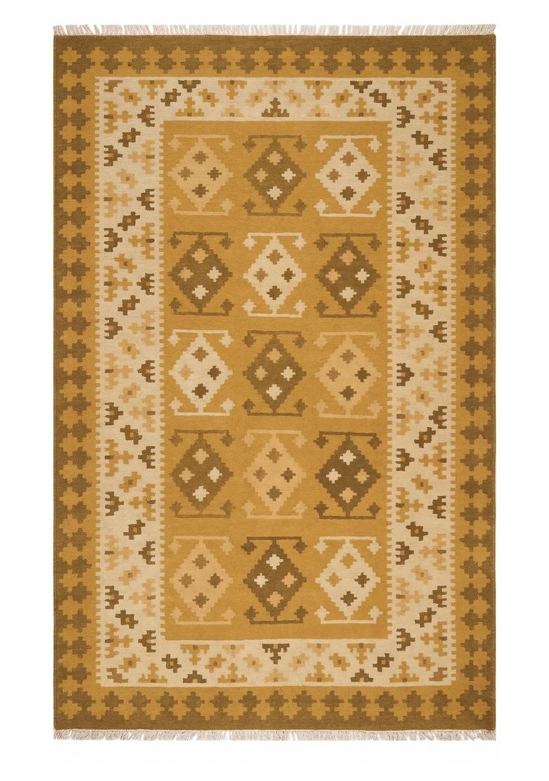 Saffron Rugs Flat Woven Mustard Gold Geometric Bohemian Rectangular Wool Area Rug - Indya