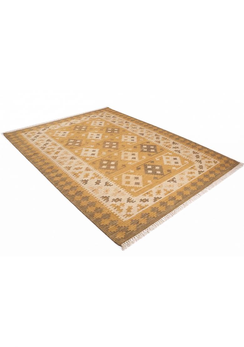 Saffron Rugs Flat Woven Mustard Gold Geometric Bohemian Rectangular Wool Area Rug - Indya