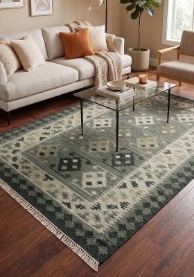 Saffron Rugs Flat Woven Sage Green Geometric Bohemian Rectangular Wool Area Rug