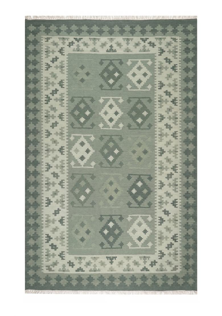 Saffron Rugs Flat Woven Sage Green Geometric Bohemian Rectangular Wool Area Rug - Indya