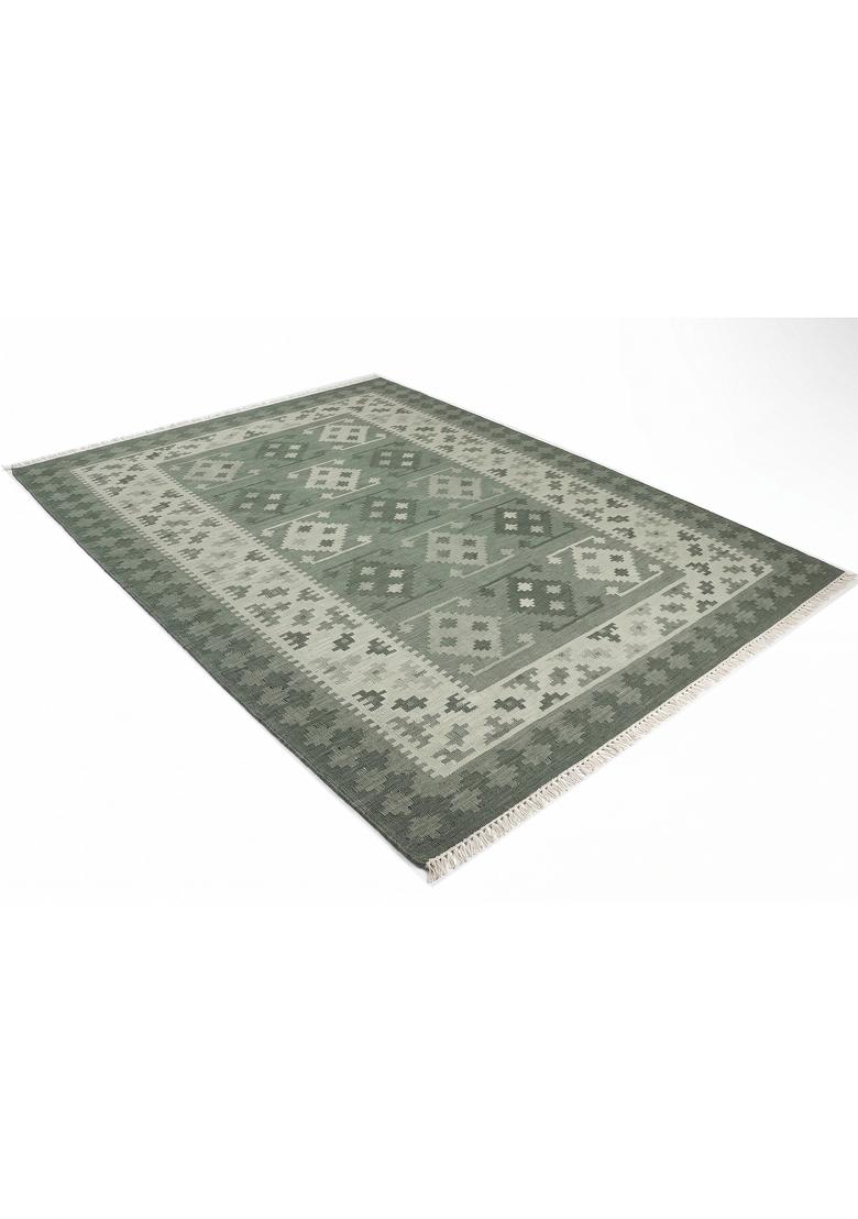 Saffron Rugs Flat Woven Sage Green Geometric Bohemian Rectangular Wool Area Rug - Indya