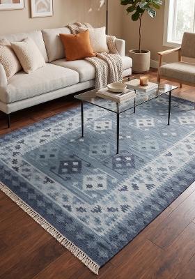 Saffron Rugs Flat Woven Steel Blue Geometric Bohemian Rectangular Wool Area Rug