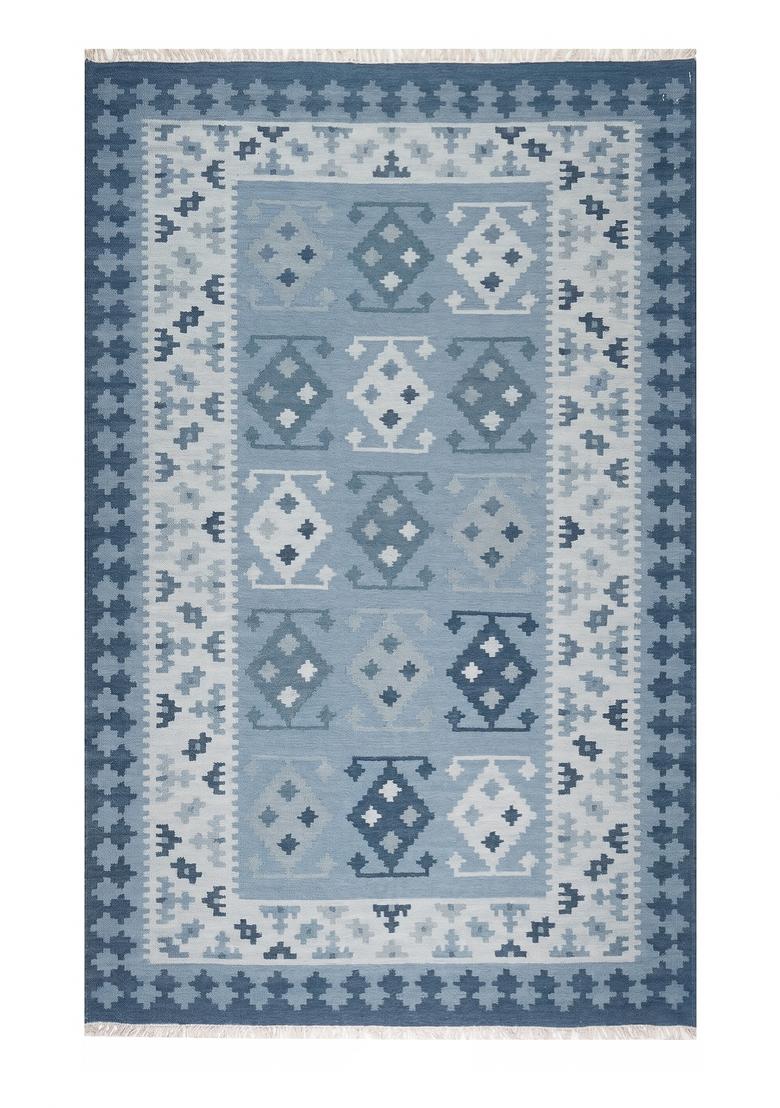 Saffron Rugs Flat Woven Steel Blue Geometric Bohemian Rectangular Wool Area Rug - Indya