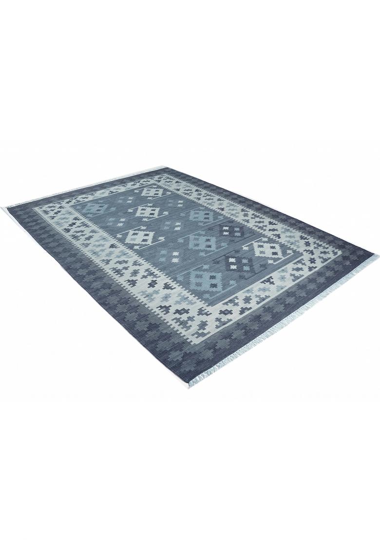 Saffron Rugs Flat Woven Steel Blue Geometric Bohemian Rectangular Wool Area Rug - Indya