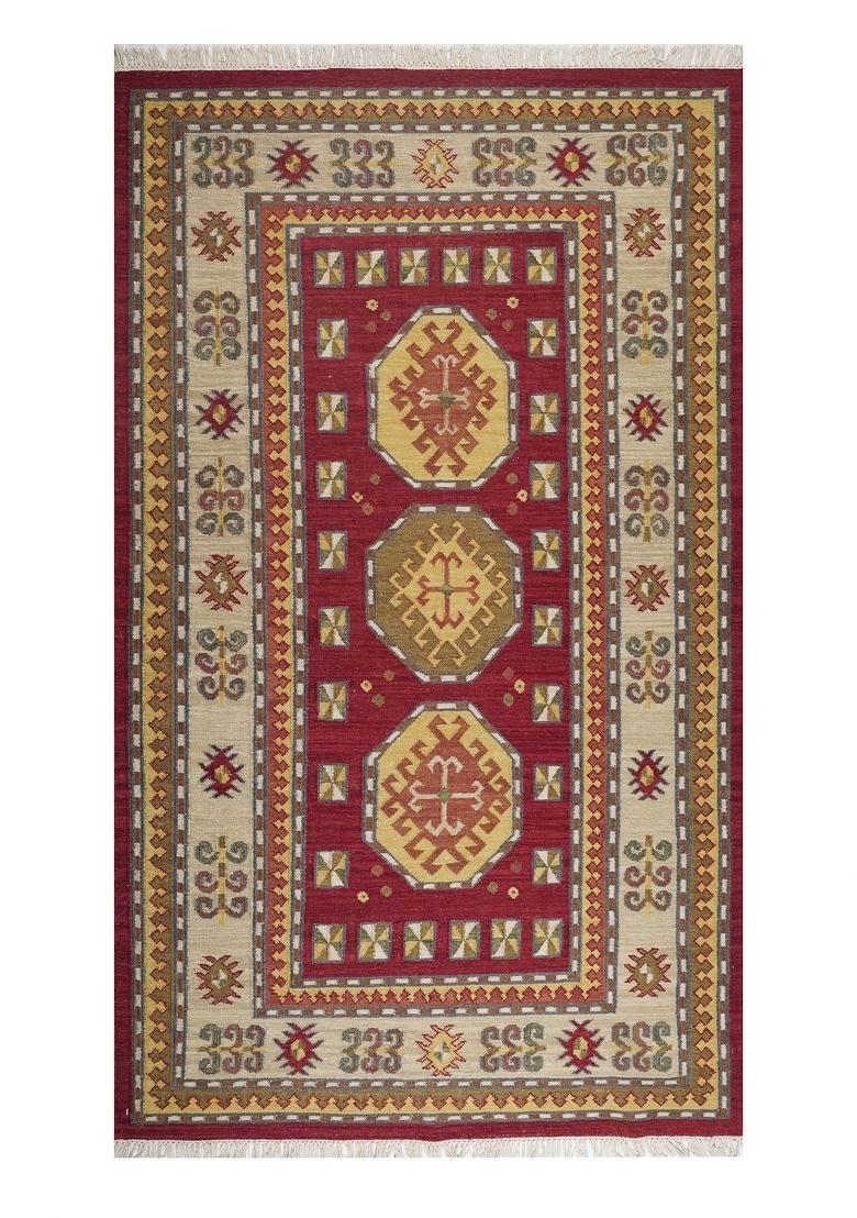 Saffron Rugs Flat Woven Red Geometric Bohemian Rectangular Wool Area Rug - Indya