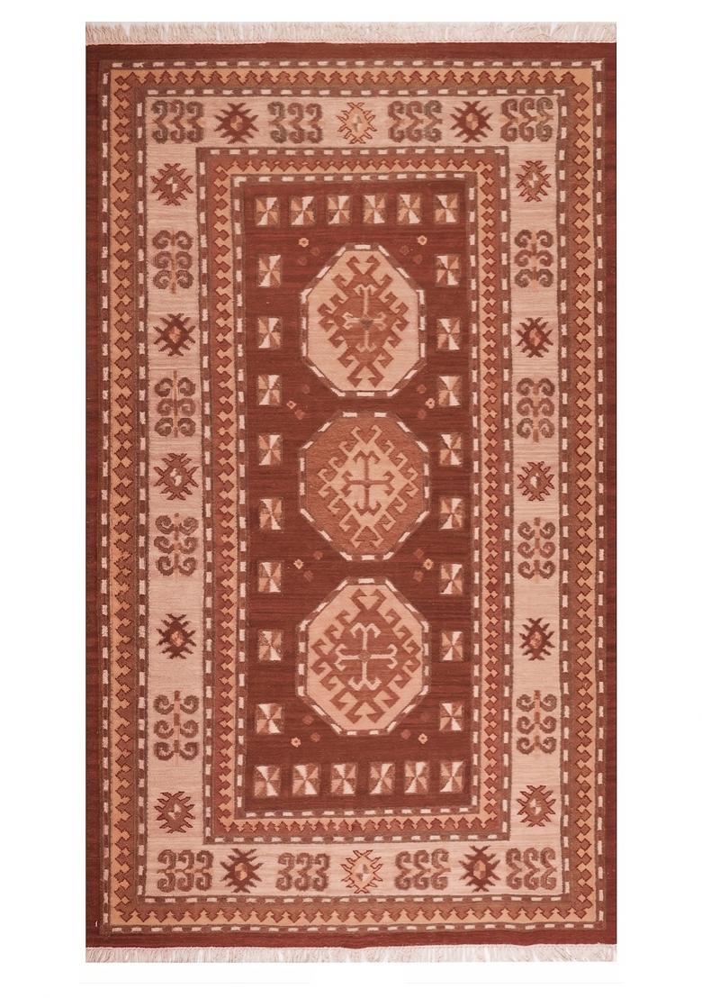 Saffron Rugs Flat Woven Rust Red Geometric Bohemian Rectangular Wool Area Rug - Indya