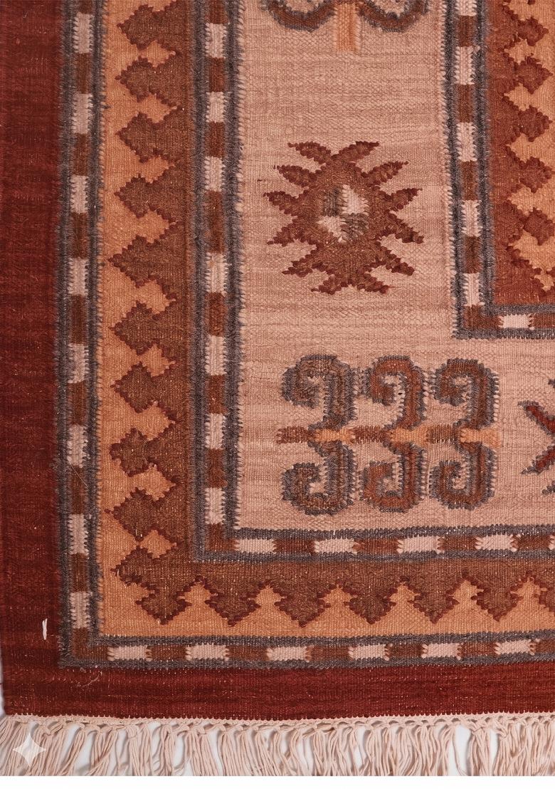 Saffron Rugs Flat Woven Rust Red Geometric Bohemian Rectangular Wool Area Rug - Indya