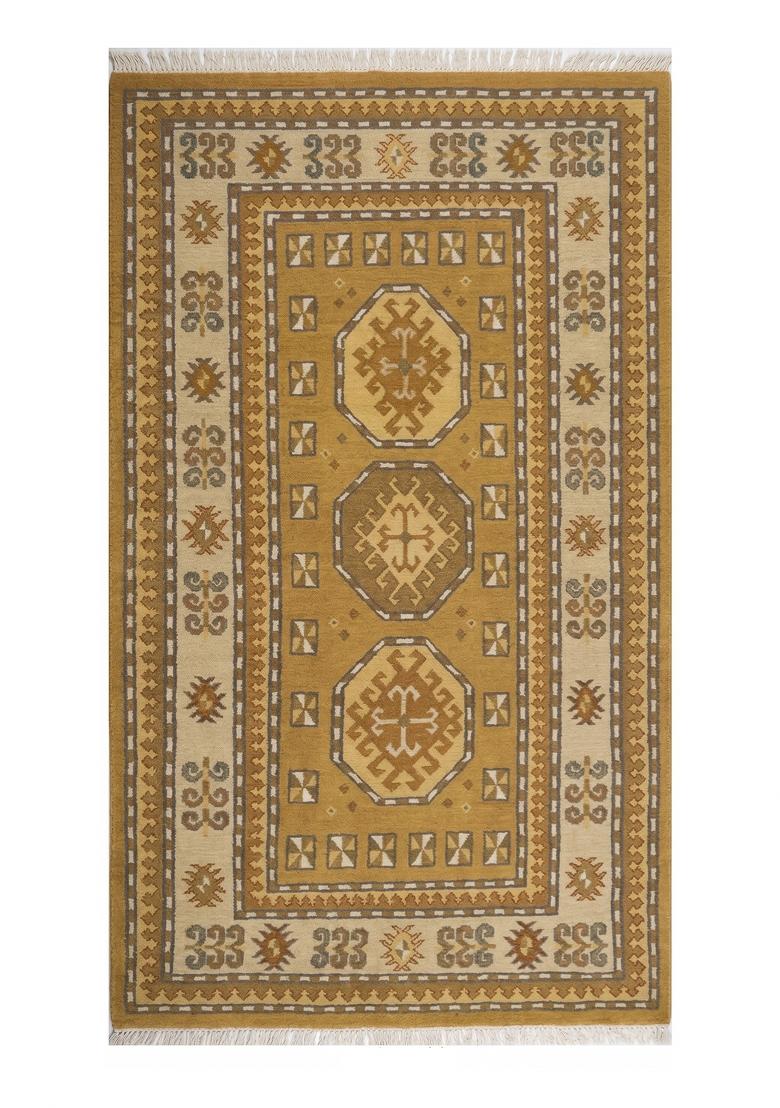 Saffron Rugs Flat Woven Mustard Gold Geometric Bohemian Rectangular Wool Area Rug - Indya