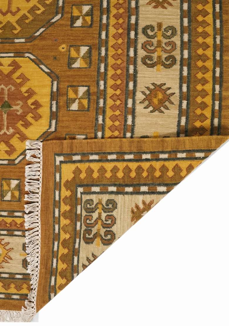 100% Wool Handmade Mustard Gold Rug | Bohemian Geometric Flat Weave Reversible Carpet For Living Room - Indya