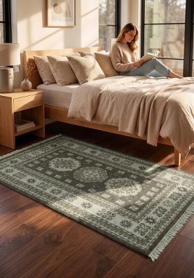 Saffron Rugs Flat Woven Dark Green Geometric Bohemian Rectangular Wool Area Rug