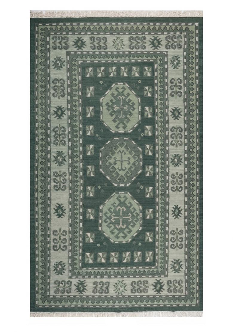 Saffron Rugs Flat Woven Dark Green Geometric Bohemian Rectangular Wool Area Rug - Indya