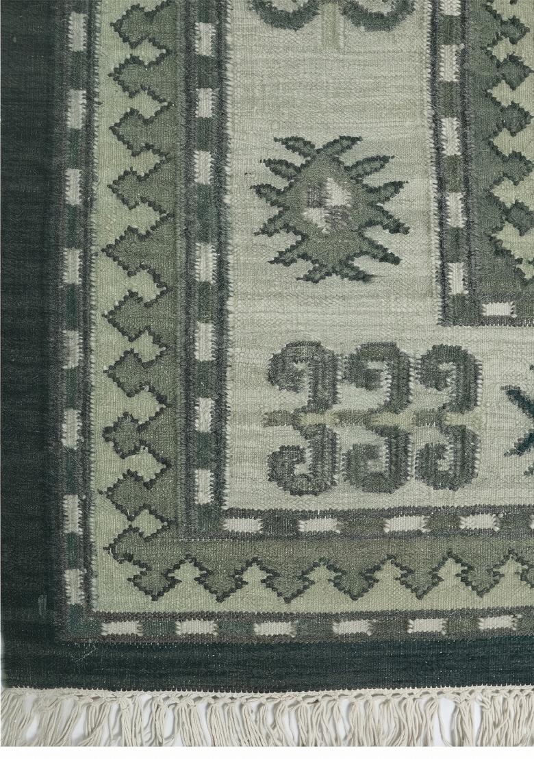 Saffron Rugs Flat Woven Dark Green Geometric Bohemian Rectangular Wool Area Rug - Indya