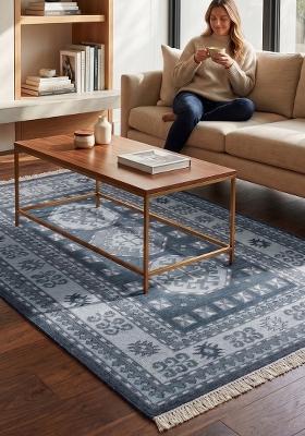 Saffron Rugs Flat Woven Steel Blue Geometric Bohemian Rectangular Wool Area Rug