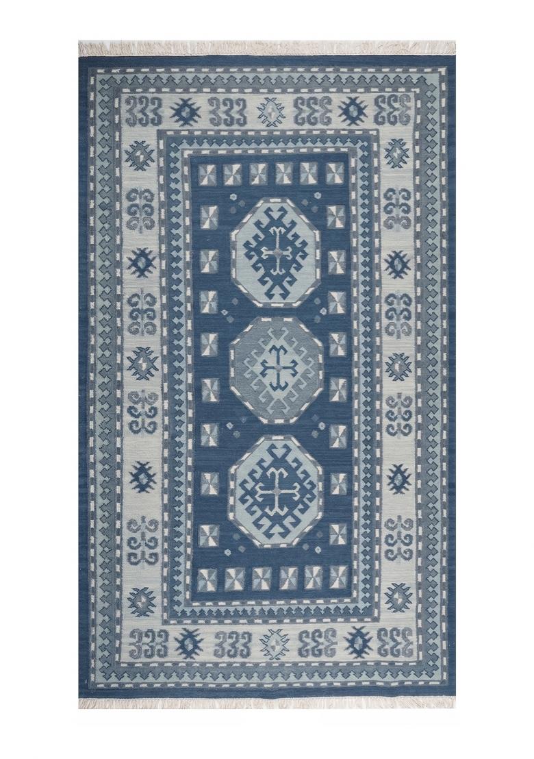 Saffron Rugs Flat Woven Steel Blue Geometric Bohemian Rectangular Wool Area Rug - Indya