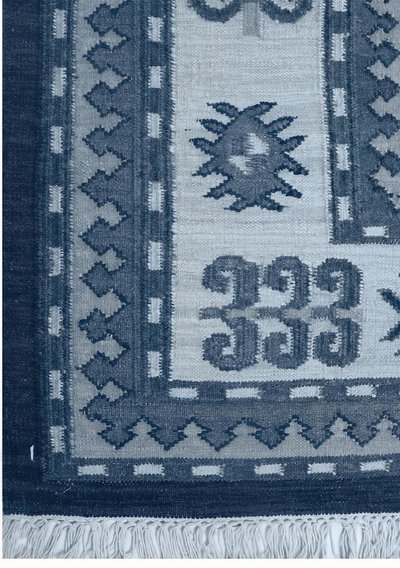 Saffron Rugs Flat Woven Steel Blue Geometric Bohemian Rectangular Wool Area Rug - Indya