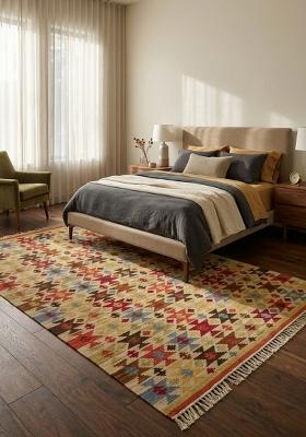 Saffron Rugs Flat Woven Gold Tan Multicolor Geometric Bohemian Rectangular Wool Area Rug