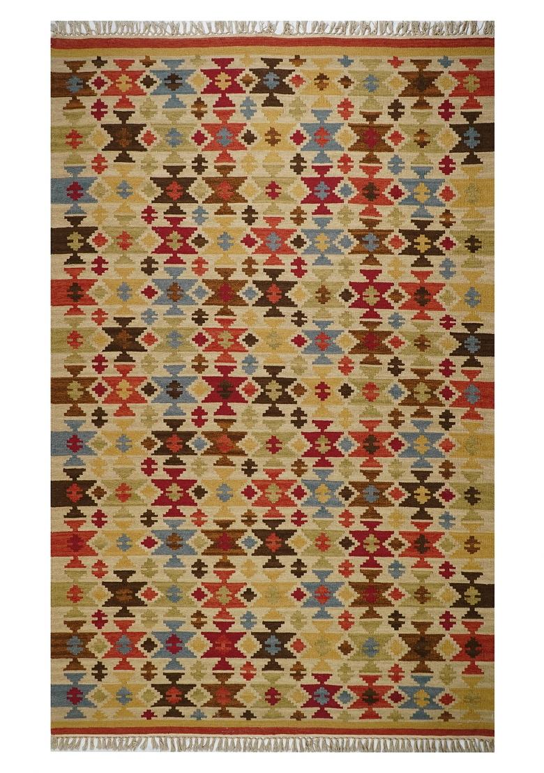 Saffron Rugs Flat Woven Gold Tan Multicolor Geometric Bohemian Rectangular Wool Area Rug - Indya